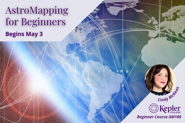 Earth from space, glowing sun appearing at horizon, astromapping planetary lines and continents, portraits of Cindy McKean and Lori Barnes, Kepler College logo