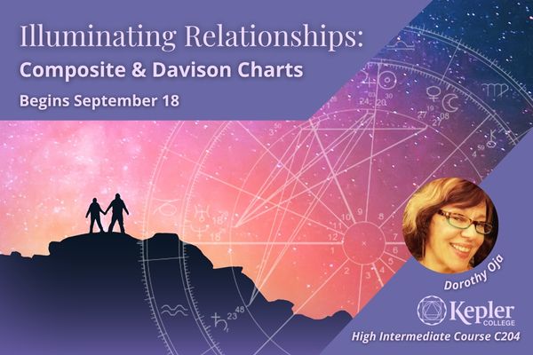 Two silhouettes of figures holfing hands on mountain top at sunset, stars and constellations, Davison relationship astrology chart, portrait of Dorothy Oja, Kepler College logo