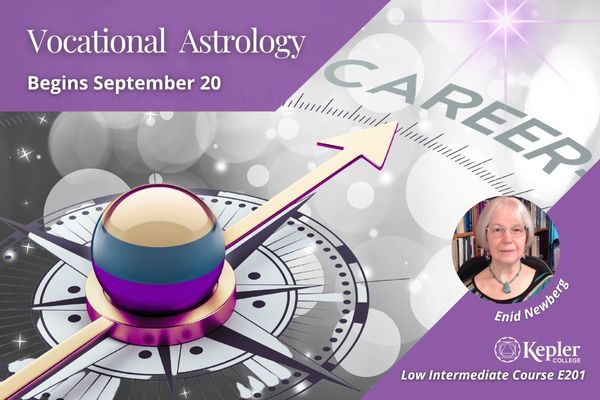 Shiny gold, teal, green purple, arrow pointing to word career and glowing purple tinged star, portrait of Enid Newberg, Kepler College logo