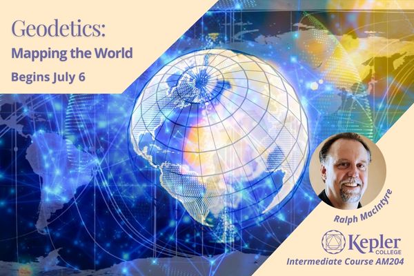 Digital globe, glowing, overlaid on AstroMap of continents, with planetary lines, zodiac glyphs, geodetic longitude and latitude lines on globe, portrait of Ralph MacIntyre, Kepler College logo