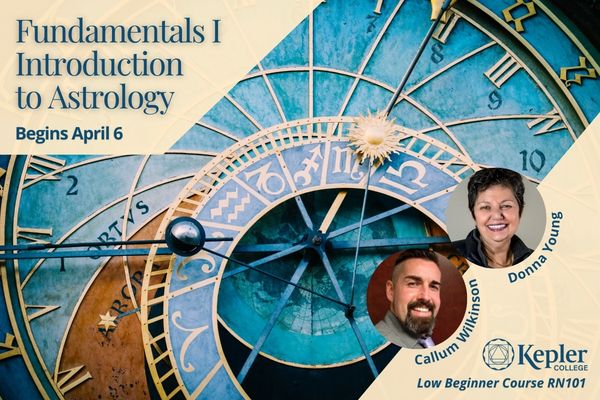 Famous Belgian clock face with zodiac glyphs, portraits of Donna Young, and Callum Wilkinson, Kepler College logo