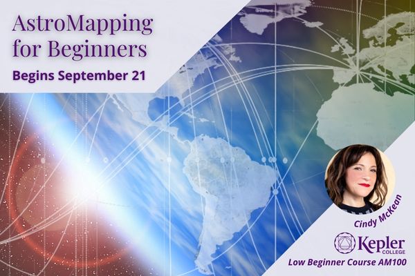 Earth from space, glowing sun appearing at horizon, astromapping planetary lines and continents, portrait of Cindy McKean, Kepler College logo