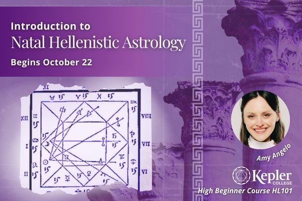 Thema Mundi chart in traditional square horoscopic chart format, four Corinthian columns graduating in size in the distance, greek decorative border "meander design," portrait of Amy Angelo, Kepler College logo