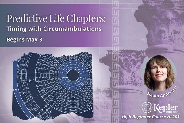 Zodiac wheel graphic showing planetary glyphs and Circumambulation through the bounds, four Corinthian columns graduating in size in the distance, greek decorative border "meander design," portrait of Nadia Anderson, Kepler College logo