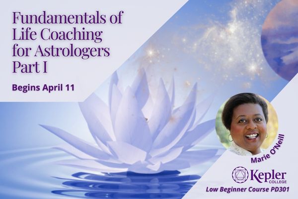 Blooming lotus floating on blue rippling water, planet and shimmering stars floating above, portrait of Marie o’Neill, Kepler College logo