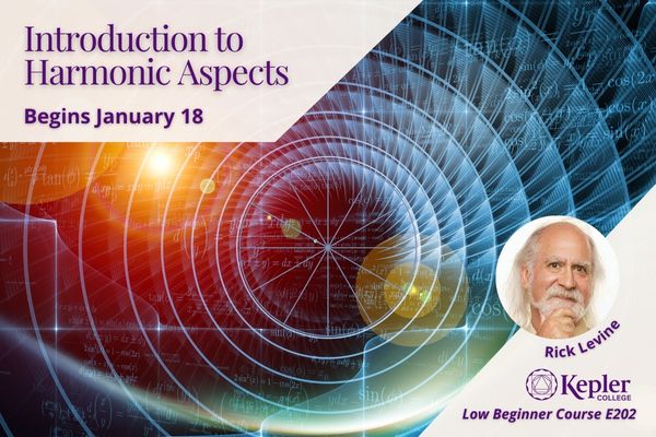 Circle divided by twelve at center of radiating spiral golden mean with multiple fractions of division, glowing star, faint mathematical equations, portrait of Rick Levine, Kepler College logo