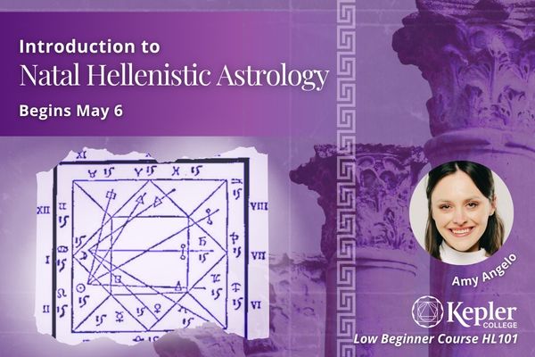 Thema Mundi chart in traditional square horoscopic chart format, four Corinthian columns graduating in size in the distance, greek decorative border "meander design," portrait of Amy Angelo, Kepler College logo