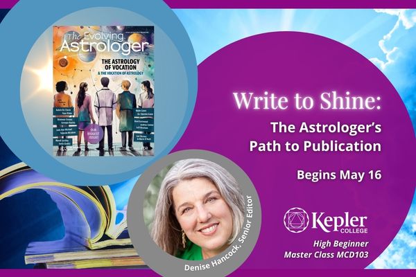 Cover of OPA publication The Evolving Astrologer, sun shining in sky, open magazines, portrait of Denise Hancock, Kepler College logo