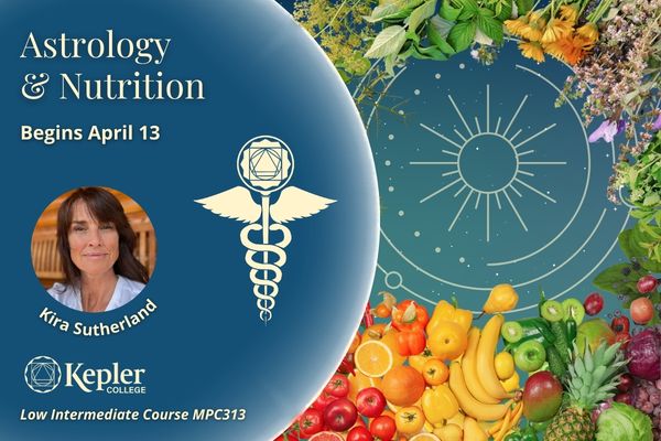 12 spoked wheel, concentric rings, framed by rainbow arrangement of fruits, vegetables, herbs against starry teal colored sky, portrait of Kira Sutherland, Kepler College logo, Kepler College Medical Progam caduceus logo