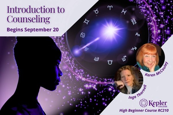Silhouette profile of woman, illuminated by glowing zodiac wheel, beam from star shining down on her, portraits of Karen McCauley and Inga Thornell, Kepler College logo