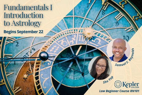 Famous Belgian clock face with zodiac glyphs, shades of teal and gold, portraits of Shu Yap and Samuel Reynolds, Kepler College logo