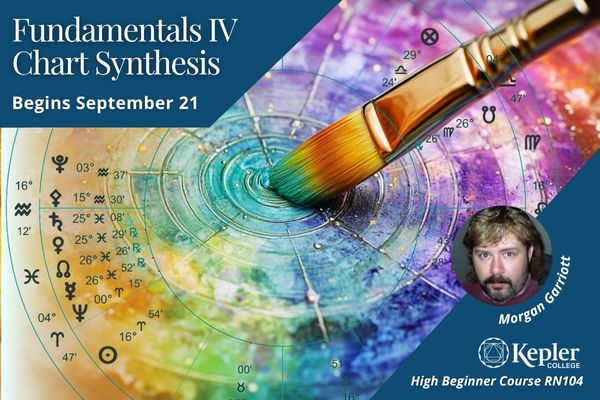 Paint brush swirling rainbow mix colors of paint together, astrology chart, portrait of Morgan Garriott, Kepler College logo