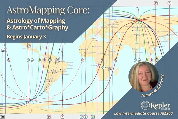 Astro*Carto*Graphy map showing different colored planetary lines with zodiac glyphs running across world continents, portrait of Tamira McGillivray, Kepler College logo