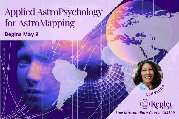 Silhouette of face with planets, AstroCartoGraphy map with planetary lines, continents, portrait of Lori Barnes, Kepler College logo