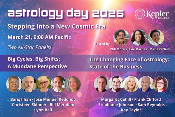 Glowing sunshine, abstract lens flare, digital connections background, pink, bliue, purple, titles of two panel discussions for Astrology Day 2026, portraits of hosts Will Morris, Lori Barnes, Marie O'Neill, Baris Ilhan, Jose Manuel Redondo, Christeene Skinner, Bill Meridian, Lynn Bell, Margaret Cahill, Frank Clifford, Stephanie Johnson, Kay Taylor