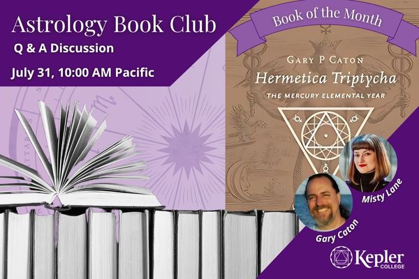 Cover of the book Hermetica Tryptycha: The Mercury Elemental Year by Gary P. Caton, sitting on shelf of books, one open with pages upright, portraits of Misty Lane and Gary Caton, Kepler College logo