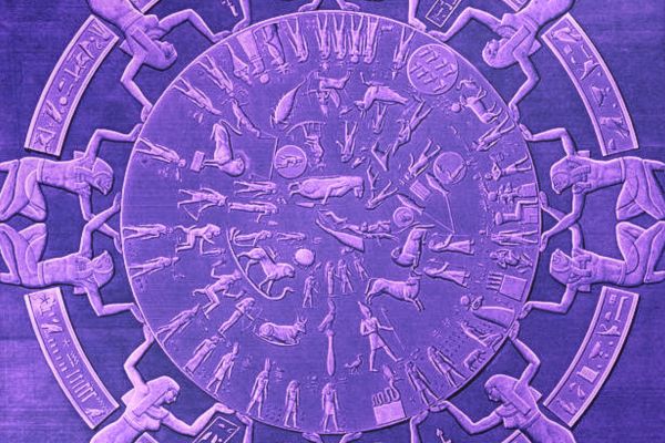 Photograph of the Dendera Eqyptian zodiac relief sculpture in shades of purple, showing constellations and deities holding up the circle of the heavens