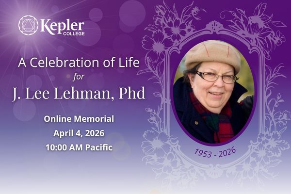 Gradient purple background, Portrait of Lee Lehman framed with classical vintage drawing of flowers, Shining Kepler College logo