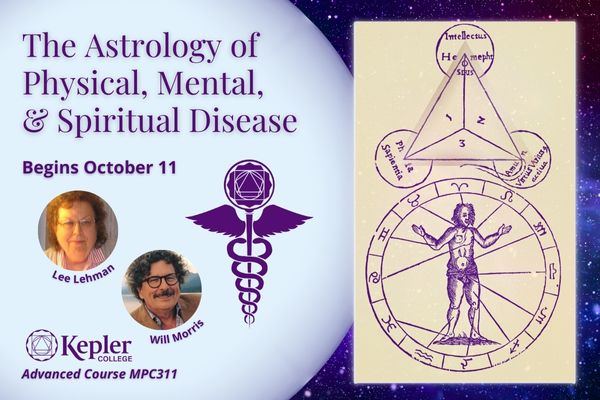 Vintage drawings by Athanasius Kirchner of Melothesia, man encircled by zodiac wheel with arrows pointing to corresponding body parts, tripartite symbol, portraits of Lee Lehman and Will Morris, Kepler College astrology of healing certificate caduceus logo, Kepler college logo
