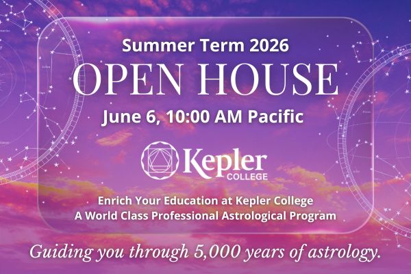 Glowing deep indigo, purple, red, sunset sky, constellation wheels, Kepler college logo