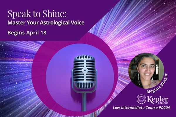 Starburst, radiating shining lines, microphone, concentric purple circles, portrait of Meghna Bhagat, Kepler College logo