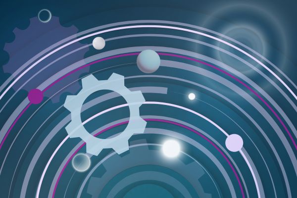 Concentric half circles with various points traveling along them, 3D circle, illuminated balls, interlocking with gears, suggesting planetary movement and cycles, shades of Kepler College teal, magenta, light blue, and white