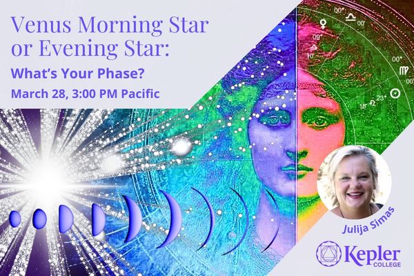 Shining planet Venus, series of phases, face of goddess in two halves with different ethereal colors, portion of astrology chart shwoing Venus and Sun in position of VEnus as evening star, portrait of Julija Simas, Kepler College logo