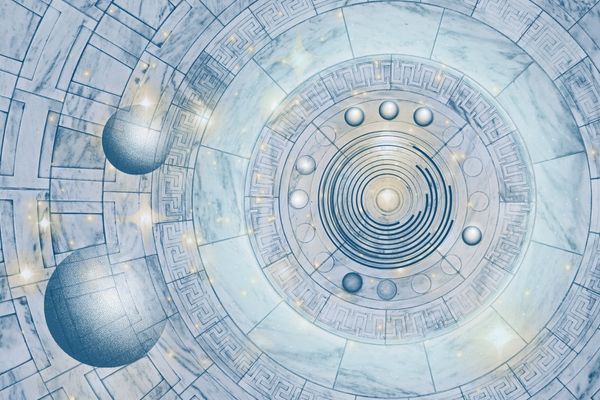 Teal and white marble circular pattern with greek meander design in concentric circles, vintage drawings of spheres, circular motion, division of twelve, glowing light effects