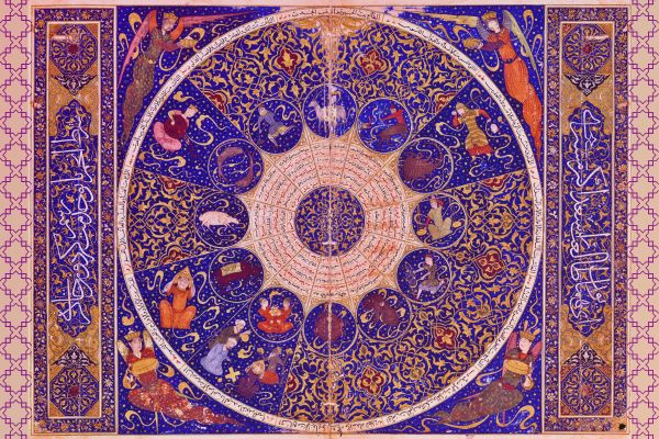 Medieval Persian illuminated manuscript showing the zodiac wheel in elaborate decorative style