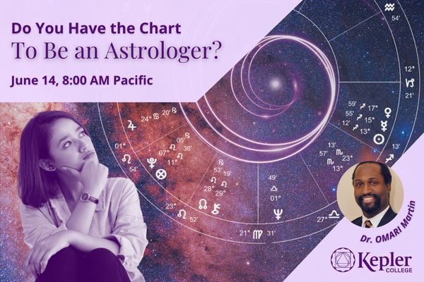 Woman looking up at the night sky, with chart of famous astrologer, gloweing spiral at the center, portrait of Dr. OMARI Martin, Kepler College logo
