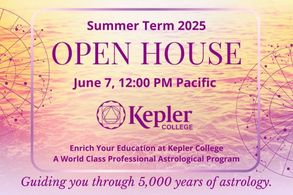 Sunlight reflecting off water, shades of yellow, pink, purple, zodiac wheels, Kepler College logo