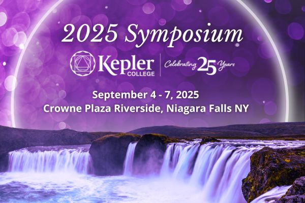 Shades of purple photograph of Niagara Falls, glowing luminescent spheres floating in heavens, glowing white half circle across landscape framing Symposium announcement, Kepler College logo