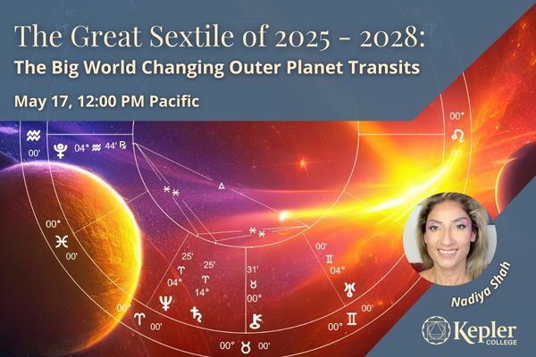 Two planets in space, bright yellow flash between them, astrology chart showing glyphs of the outer planets, Pluto, Neptune, Saturn, Uranus in tight degree based trine and sextile aspects, Chiron at 0° Taurus, portrait of Nadiya Shah, Kepler College logo