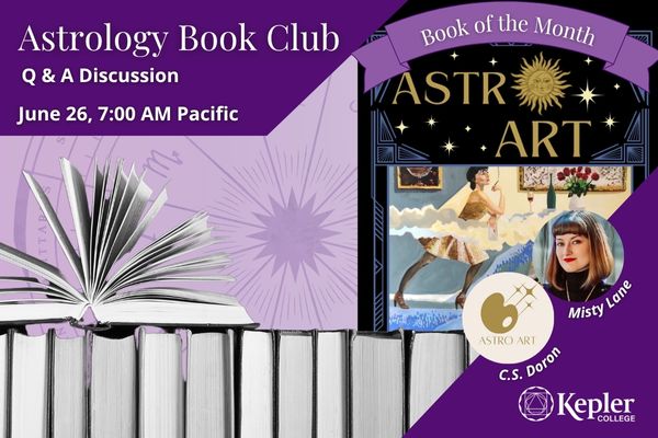 Cover of the book Astro Art by C.S. Doron, sitting on shelf of books, one open with pages upriught, portraits of Misty Lane and C.S. Doron's logo, Kepler College logo
