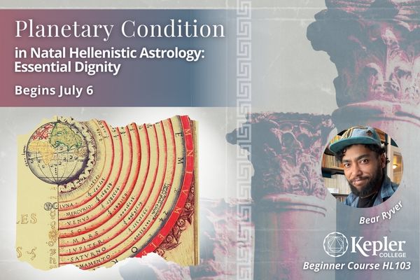 Fragment of 16th century manuscript, Velho's Cosmographica, showing earth and planetary spheres, four Corinthian columns graduating in size in the distance, greek decorative border "meander design," portrait of Bear Ryver, Kepler College logo