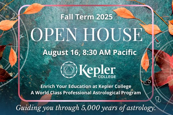 Scattered fallen leaves on green stone, zodiac wheels with glyphs, Kepler College logo