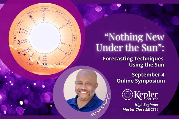Purple glowing celebratory bokeh background, glowing sun, astrology chart of a solar return, portrait of Sam Reynolds, Kepler College logo