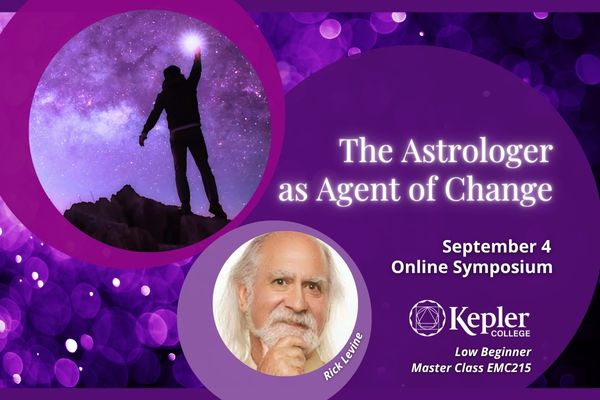 Purple glowing celebratory bokeh background, silhouette of person at night atop mountain under stars and milky way, reaching out to touch shining light, portrait of Rick Levine, Kepler College logo