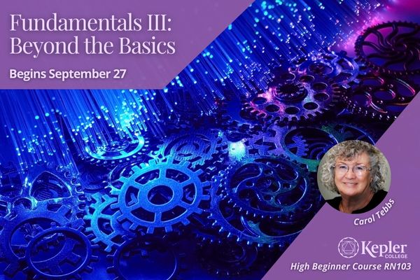 Glowing blue and purple gears, morphing into light beams, portrait of Carol Tebbs, Kepler College logo
