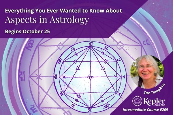 Vintage drawing of zodiac wheel showing planetary aspects chart, nested inside another chart, circled by lines in shades of light blue and purple, portrait of Sue Tompkins, Kepler College logo