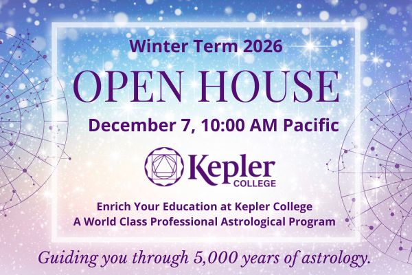 Wintry, snowy background, shades of blue and light purple, white bokeh shining, Kepler College logo