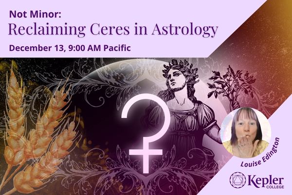 Vinatge line drawing of the Goddess Ceres holding sheaf, the astronomical object Ceres, the Ceres sickle glyph, shafts of wheat, decorative flowing botanical border, portrait of Louise Edington, Kepler College logo