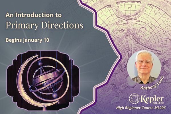 Persian era astrolabe, shades of platinum and purple, photo of antique armillery sphere, Persian decorative design, portrait of Anthony Louis, Kepler College logo