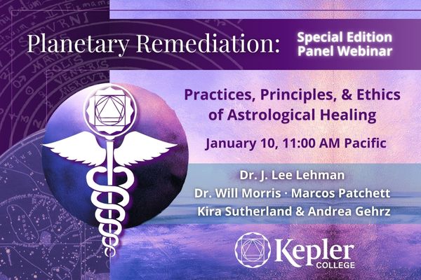 Three dimensional orb, Ptolemaic design of the planetary spheres, constellation chart, abstract purple background, Kepler College Astrology of Healing program Caduceus logo, Kepler College logo