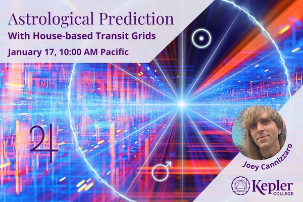 Abstract digital three dimensional glowing grid in vibrant shades, with receding perspective, glowing astrology chart with glyphs inside 9th house and 3rd house, for Sun and Mars, Jupiter glyph outside transiting the first house, portrait of Joey Cannizzaro, Kepler College logo