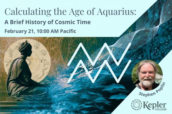 Profile of ancient woman kneeling contemplating shift of water and school of fish morphing into air and waves, Aquarius glyph, Ancient drawing of a zodiac wheel, portrait of Stephen Poplin, Kepler College logo