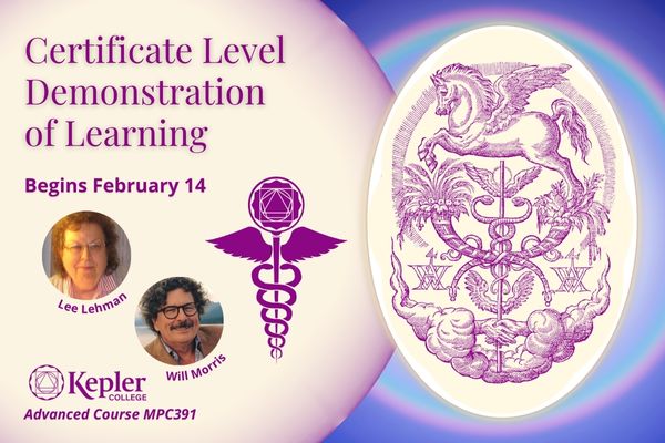 Vintage Renaissance ornate engraving of Pegasus winged horse flying over caduceus, portraits of Lee Lehman and Will Morris, Kepler College logo