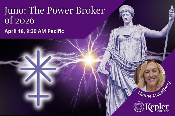 Statue of Juno, glowing orb emanating electricity, glowing glyph of asteroid Juno, portrait of Lianne McCafferty, Kepler College logo