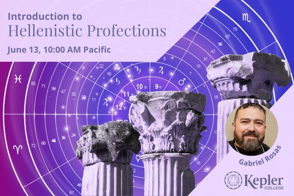 Annual profection wheel graphic showing timelords for ages, zodiac glyphs, glowing purple spiral, ancient Hellenstic greek columns, portrait of Gabriel Rosas, Kepler College logo