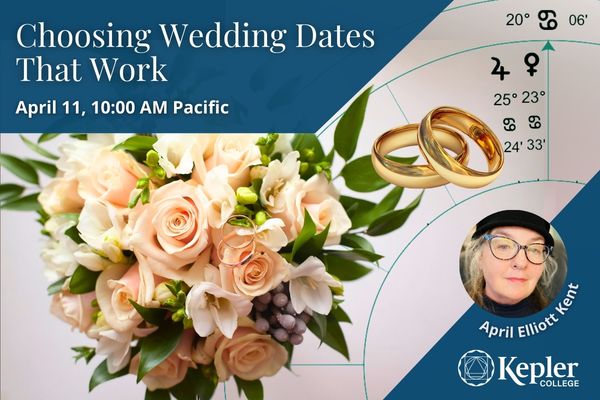 Wedding bouquet with peach colored roses, pair of wedding rings, astrology chart showing Venus Jupiter conjunction in Cancer on the cusp of the 10th house, portrait of April Elliott Kent, Kepler College logo
